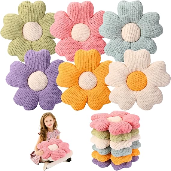 Drydiet 6 Pcs Flower Shaped Pillows Daisy Floor Throw Pillows 15 Inch Flower Seat Cushion for Reading Sofa Couch Bed Decor for Back to School First Day of School(Bright Color)