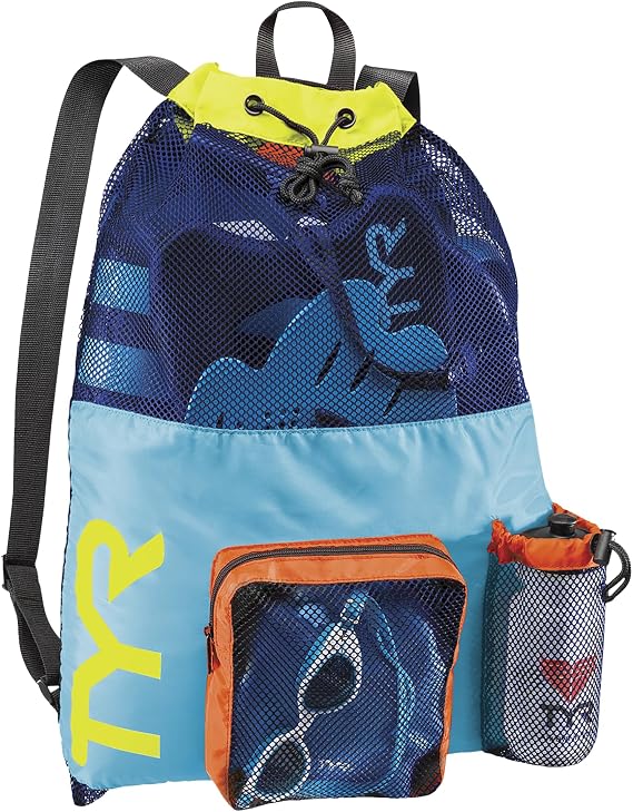 TYR Big Mesh Mummy Backpack - Ventilated Swim & Gym Gear Bag, Blue/Yellow