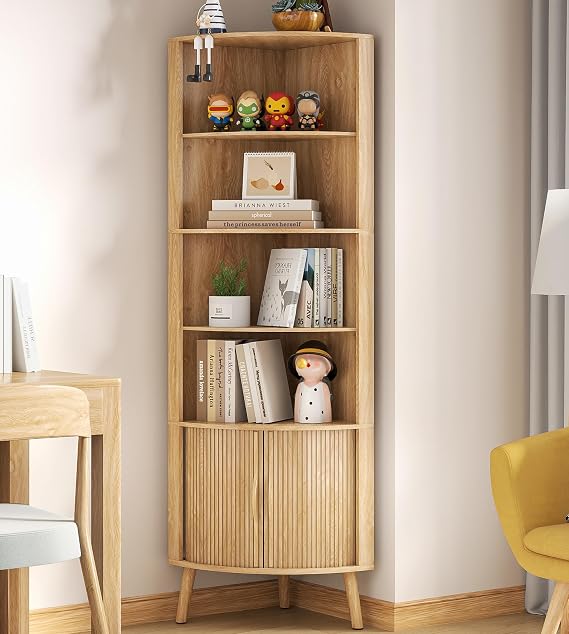 66'' Tall Corner Bookshelf with 2 Fluted Sliding Doors, Oak | 5-Tier Corner Shelf, 5 Shelf Bookcase,Mid-Century Modern,Freestanding Display Storage Organizer for Living Room,Office