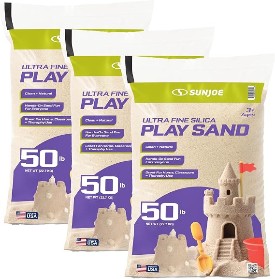 Sun Joe 3 Pack Silica Play Sand for Sandbox, Sensory Table & Garden Spaces, Ultra Fine, 50 Lbs - Natural Craft Accessory for Molding, Digging & Sculpting - Ideal for Indoor and Outdoor Use
