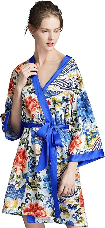 100% Silk, Women's Printed Short Robe with Kimono Collar-Imperial Phoenix