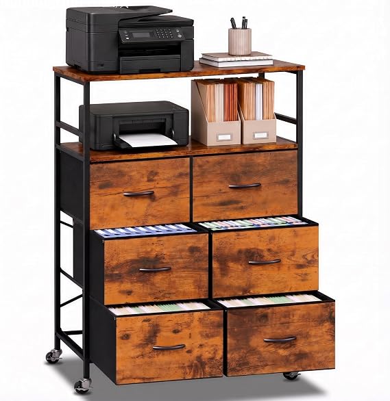DreamDashio 6-Drawer Rolling File Cabinet for Home Office, Rustic Brown