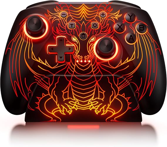 Sleek Dragon Motif Wireless PC Controller with Charging Dock,Programmable USB Gaming Controller for PC/Android/iOS/Switch/Switch 2,Gamepad with Hall Sensor&Turbo Vibration No Drift No Deadzone&RGB