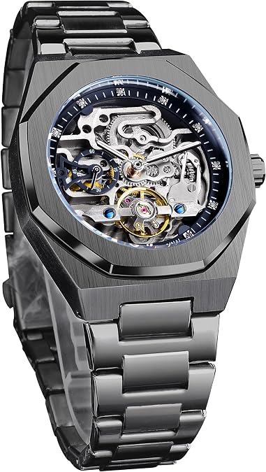 FORSINING Vintage Watch for Men Engraved Automatic Self-Wind Mechanical Big Dial Luminous Moon Phase Golden Hollow Tattoo Pattern Wrist Watches, Mechanical