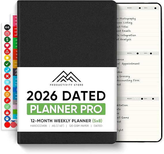 2025 Planner PRO - 5.8" x 8.3" A5 Daily, Weekly & Monthly All-In-One - Best 2025-2026 Dated Productivity Planner - Black