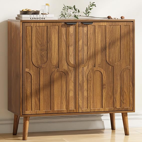 Walnut Accent Cabient with 2 Doors,Small Buffet Storage Cabinet,Mid Century Modern Sideboard Cabinet with Storage,Console Tables for Entryway,Walnut Credenza for Living Room