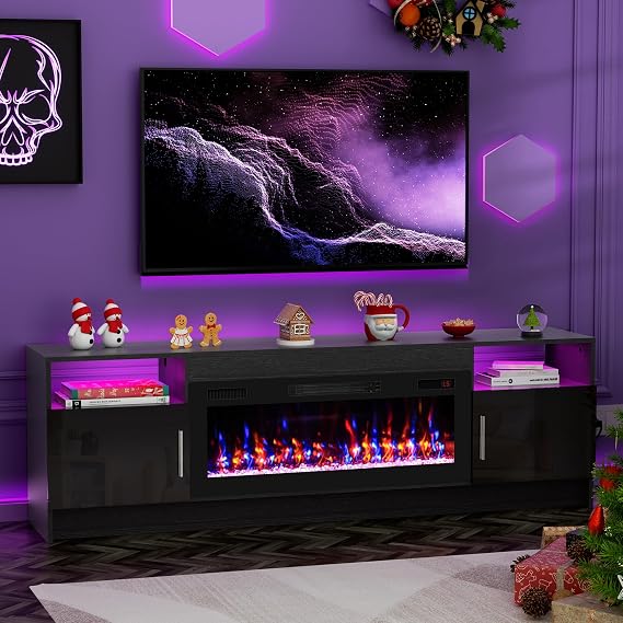 BREEZEHEAT Electric Fireplace TV Stand for 65-80 Inch TV - Entertainment Center with 36" Crystal Fireplace and LED Light - Storage Cabinet, High Glossy Door, TV Console for Living Room, 70" Black