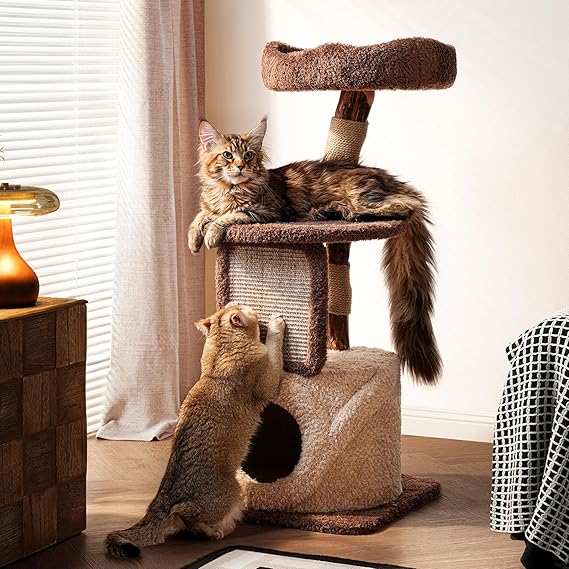 Sopapets 40" Modern Cat Tree for Indoor Cats Large Adult, Compact Small Cat Tree for Apartments, Natural Wood Branch & Sisal Scratching Posts, Cozy Plush Perches and Hideaway Condo, Brown