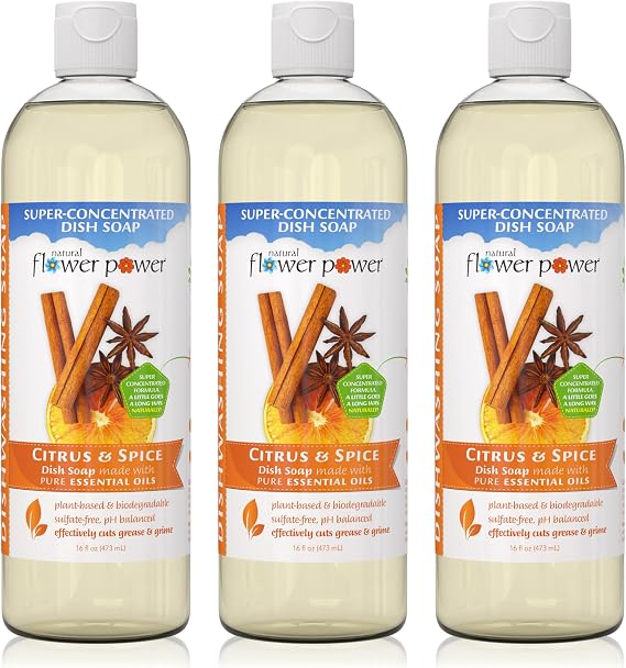 Natural Flower Power Liquid Dish Soap Citrus & Spice Plant-Based & Scented w/ Pure Essential Oils Natural Liquid Dishwashing Detergent Sulfate-Free Kitchen Soap Vegan (16 Fl Oz 3 Pack)