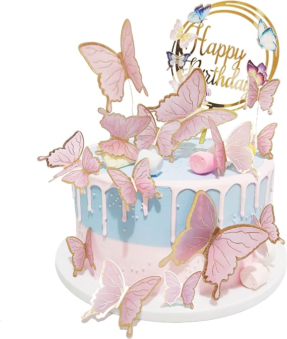 Butterfly Cake Toppers Decorations - 1 Big Happy Birthday Cake Topper & 15Pcs 3D Pink Gold Butterfly Cupcake Toppers - Party Supplies for Decorating Baby Shower Girl's Birthday