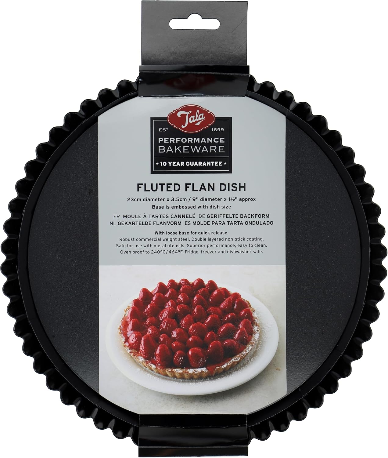 Tala Performance 23 cm Dia Fluted Tart Tin, Professional Gauge Carbon Steel with Eclipse Non-Stick Coating, Loose Base, Perfect for savoury or Sweet tarts, flans, quiches, or Desserts, Black