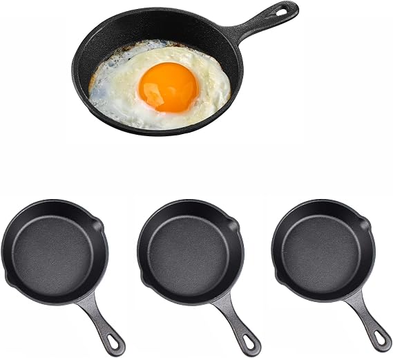 4 Pack Mini Cast Iron Skillet, Indoor and Outdoor Use, Non-stick,Oven, Grill Safe, 4"" Small Frying Pans with Double Drip-Spouts for Stove,, Black