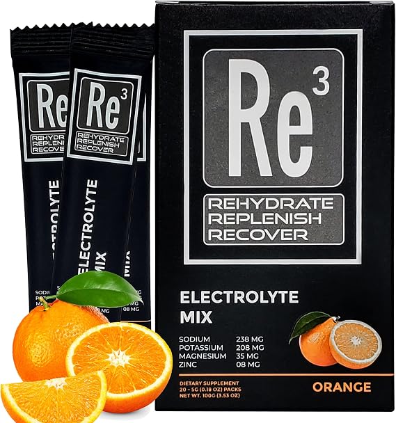 Re3 - Rehydrate - Replenish - Recover Electrolyte Powder Packets. No Sugar, 7 Cal, 1.4 Carbs. The Best Mix of Vitamins and Minerals (Orange)