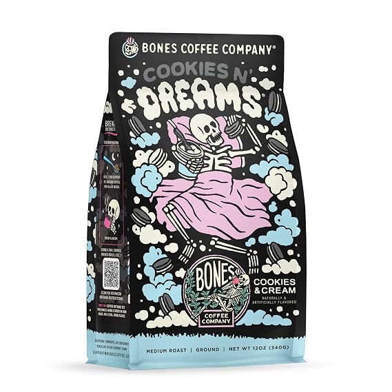 Bones Coffee Company Cookies 'N Dreams Cookies and Cream Flavored Coffee, Medium Roast Low Acid Arabica Beans Compatible with Auto drip and French Press Coffee Maker, 12 Oz Ground