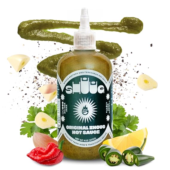 SHUUG Zhoug Sauce 9 oz, Mediterranean Green Hot Sauce | With Garlic, Jalapenos, Poblano, Scotch Bonnet Peppers, Olive Oil, Lemon, Chipotle | Vegan, Non-GM, Kosher | Seasoning & Dip