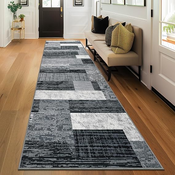 Indoor Washable Runner Rug with Rubber Backing, Modern Geometric Patchwork
