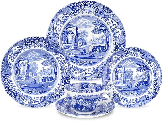 Spode Blue Italian 5 Piece Dinnerware Set - Earthenware Dinner Plate, Salad Plate, Bread Plate, Saucer, Teacup - Microwave Safe Ceramic with Countryside Inspired Detailing - Oriental Style Accents