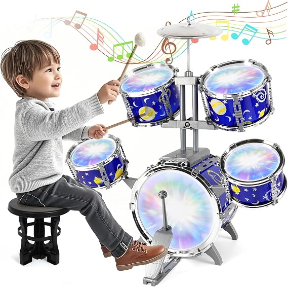 Children's Drum Kit with Lights Toddler Toy 5 Drums with Stool
