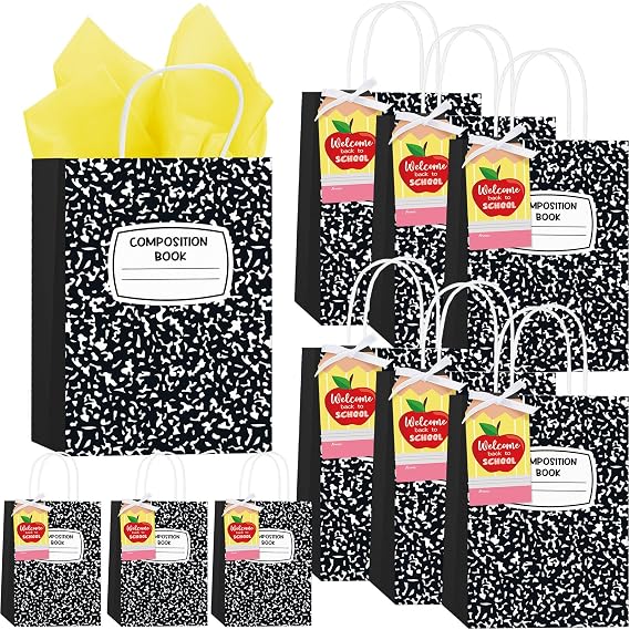 Kolldenn 24 Sets Composition Notebook Teacher Gift Bag Welcome Back to School Treat Paper Bags with Tissue Handle Cards for Teacher Party Supplies