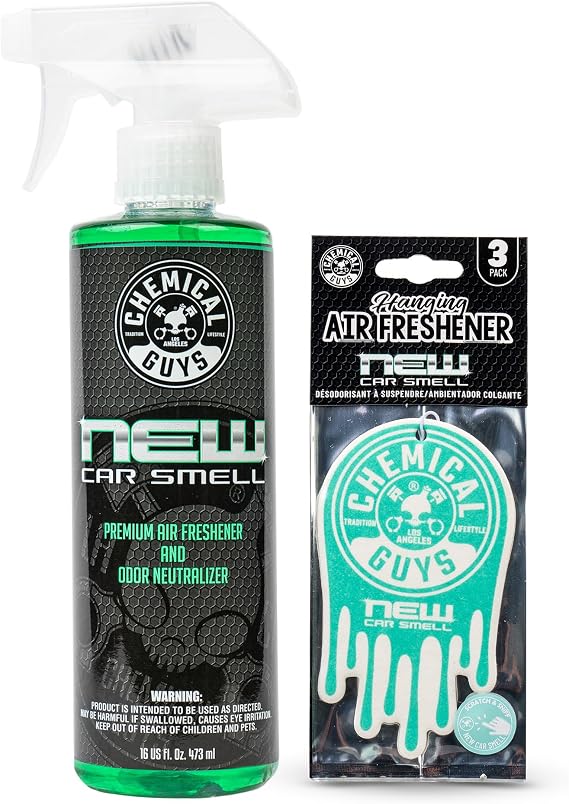 Chemical Guys, New Car Scent Air Freshener & Hanging Freshener Combo, 16 oz | 16 oz new car scent spray plus three hanging fresheners to refresh interiors and neutralize odors
