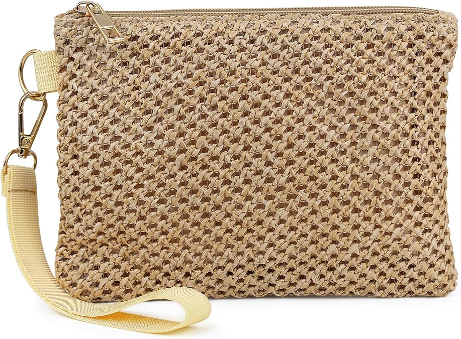 Straw Clutch Purses for Women, Bohemian Straw Handbag Small Summer Beach Bag Wristlet Wallet with Zip