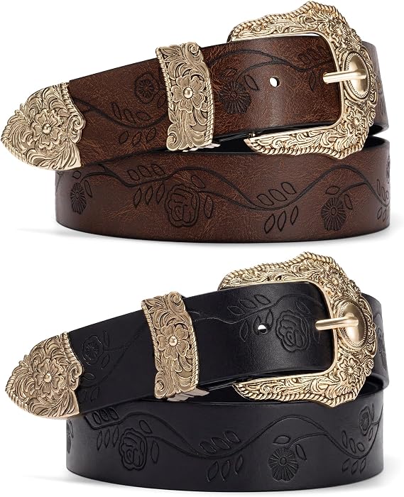 maikun 2 Pack Western Belt for Women, Country Cowgirl Belt for Jeans Pants | Cowboy Style Engraved Buckle Belt