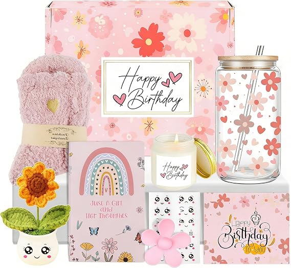 Birthday Gift Baskets for Women Birthday Happy Gift Set Box for Woman Her Teen Girl Sister Best Friend Cute Daisy Aesthetic Glass Cups Gift Set
