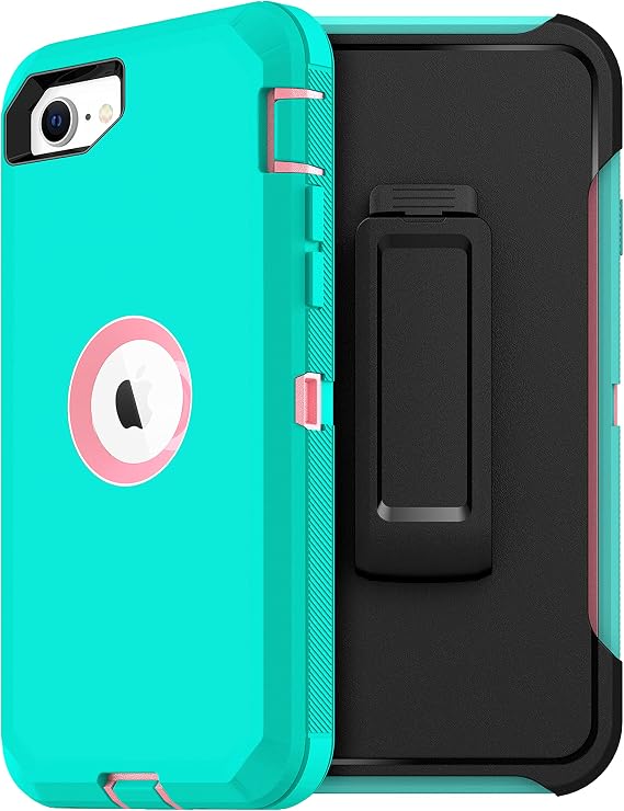 MXX Case Designed for iPhone SE Case 2020 /SE 2022 Heavy Duty Protective with Screen Protector [3 Layers] Rugged Rubber Protection Cover & Rotating 360 Degree Belt Clip SE 3rd/2nd Gen(Teal/Light Pink)