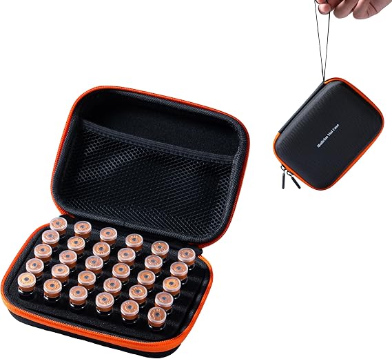 30 Slots, Peptide Vial Case for Fridge, Fits 1ml to 3ml Vials for Peptide, Insulin and GLP-1 Storage, with Hand Strap and Logo, Black and Orange Zipper, Case Only, Pack of 1
