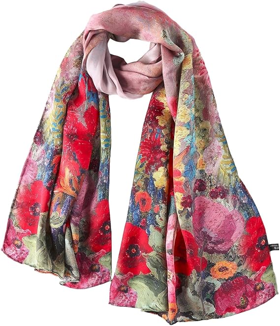 Long Charmeuse Silk Scarf With Floral Print