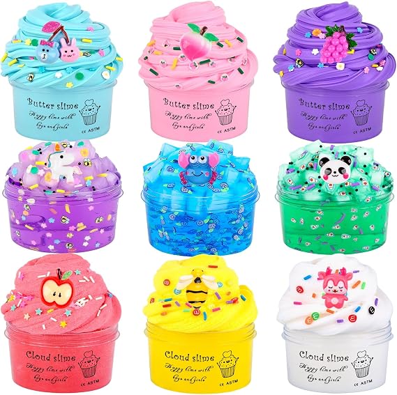 Slime Kit 9 Pack, with 3 Butter Slime and 3 Cloud Slime and 3 Jelly Cube Crunchy Clear Slime, Birthday Favor Party Favors, DIY Slimes Toys for Girls Boys, Kids Stress Relief Toy, Soft, and Non-Sticky