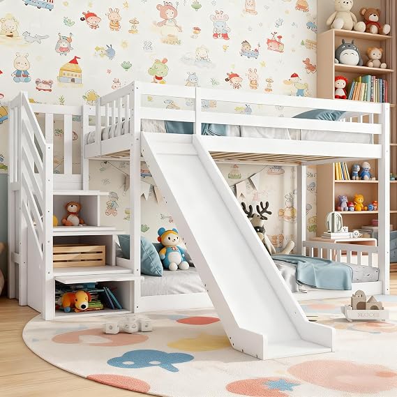 Twin over Twin Bunk Bed with Slide and Stairs, Kids Bunk Bed with Storage, Solid Pine Wood Frame Children Bed with 3 Drawers, 90x190cm, White
