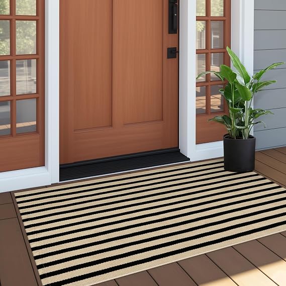 OJIA Outdoor Porch Rug Front Door Mat 24"x51", Washable Black and Tan Striped Outdoor Rugs Front Door Rugs Cotton Woven Kitchen Rugs Small Area Rugs for Entryway/Patio/Entry/Outside Entrance Decor