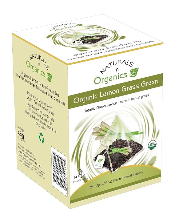 Naturals-N-Organics Organic Lemongrass With Green Tea, Low Caffeine, USDA Certified Organic, Detox, Digestive. 24 Bio-Degradable Pyramid Tea Bags