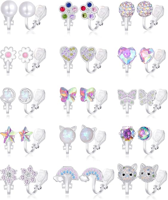 10-15 Pairs Clip on Stud Earrings Non Pierced Teardrop Round Square CZ Pearl Twist Knot Flower Butterfly Heart Star Rainbow Cat Opal Clip on Earrings for Women