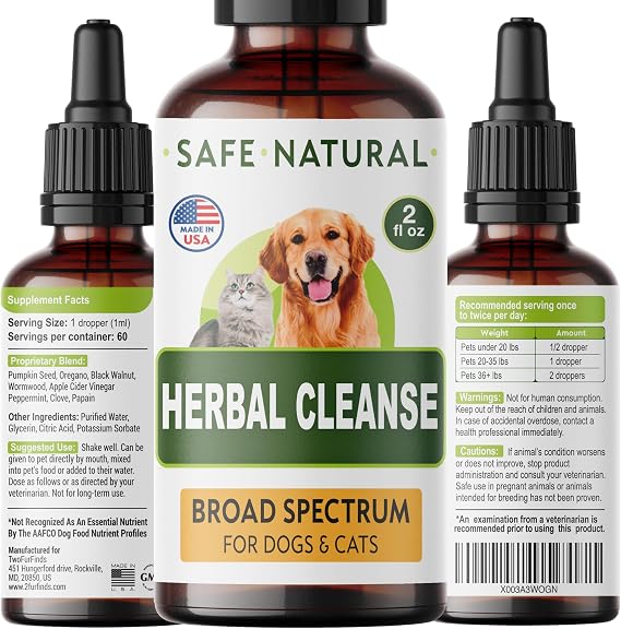 Herbal Cleanse for Cats and Dogs - Healthy Gut - Homeopathics Parasites and Toxins for Dogs & Cats - Intestinal Defense with Wormwood, Black Walnut - All Breeds and Size - Puppy & Kitten - 2.0FlOz