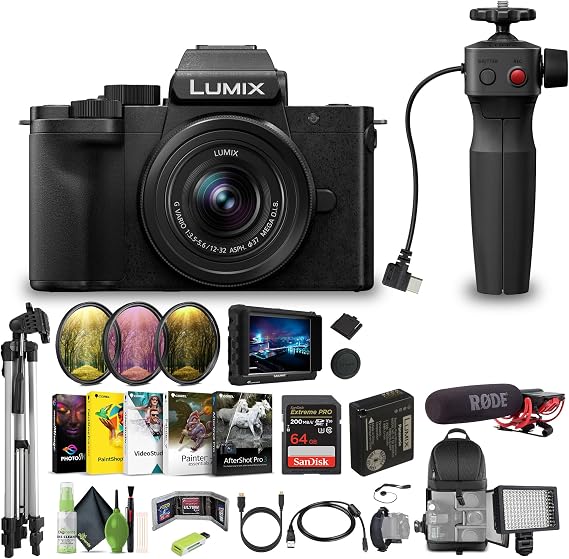 Panasonic Lumix G100D 4K Mirrorless Vlogging Camera with Micro Four Thirds 12-32mm Lens and Tripod Grip, Vlogger Bundle with Lilliput 7" Monitor + Cleaning Kit + RODE Video Microphone + Accessories