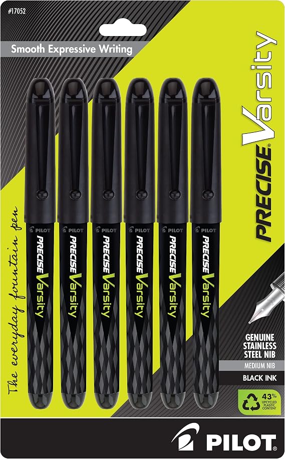 Pilot, Precise Varsity Pre-Filled Fountain Pens, Medium Point 1 mm Stainless Steel Nib, Black, 6-Pack