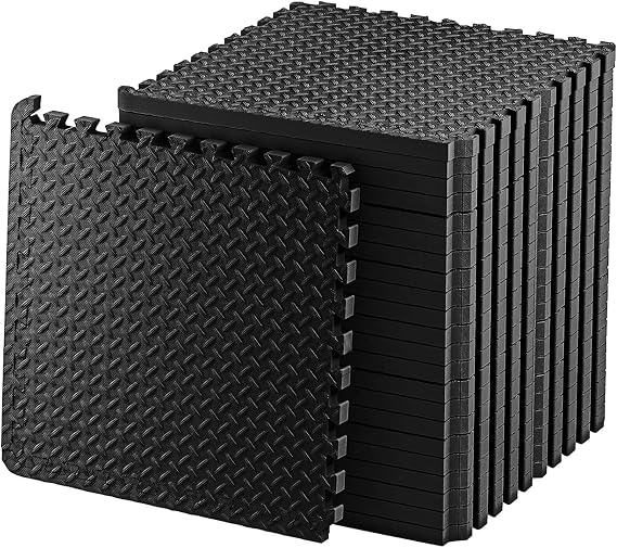 Exercise Foam Mat - Anti fatigue Protective Interlocking Puzzle EVA Floor Tiles with Edges - Gym Flooring Mats - Non slip Rubber Cushion for Underlay (Black, 16 Tiles (64 Square Feet))