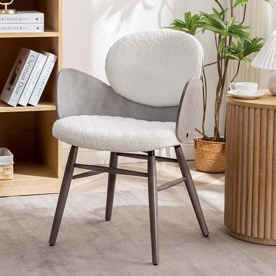 Accent Chair - Mid Century Modern Desk Chair, Boucle Fabric Upholstered Arm Chair with Wooden Legs for Living Room Kitchen, Gray Frame, White