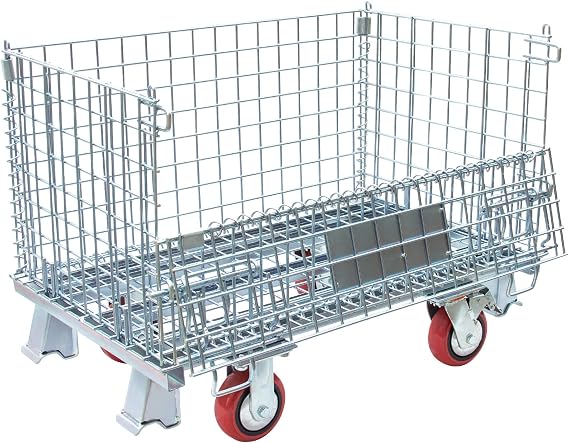 Collapsible Wire Mesh Container with Casters, 32"x20"x24", 1500 lbs Heavy-Duty Steel Storage Bin, Stackable Industrial Material Handling Cart