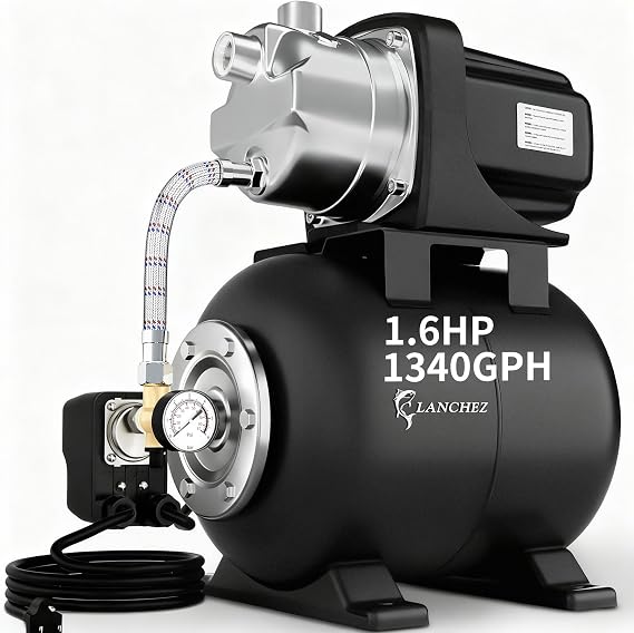 Lanchez 1.6HP Shallow Well Garden Pump, Stainless Steel Irrigation Pump, 1340 GPH, Automatic Water Booster Jet Pump for Home, Garden, Lawn,Irrigation, 115V, Matte black