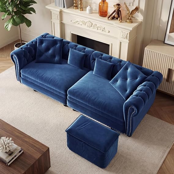 89" Chesterfield King Size Sleeper Sofa Bed, 3-in-1 Convertible Sofa Bed with Movable Ottoman, Oversized 3-Seater Velvet Tufted Pull Out Couch, Chaise Lounge Sofa Bed, Couches for Living Room, Blue