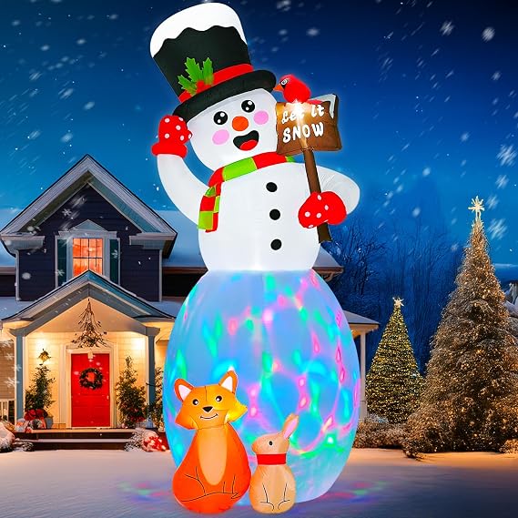 AerWo 12FT Inflatable Snowman Outdoor Christmas Decorations, Giant Christmas Inflatables Snowman with Fox Rabbit Decor and Rotating LEDs, Blow Up Snowman Outdoor Xmas Decorations Lawn Yard Garden