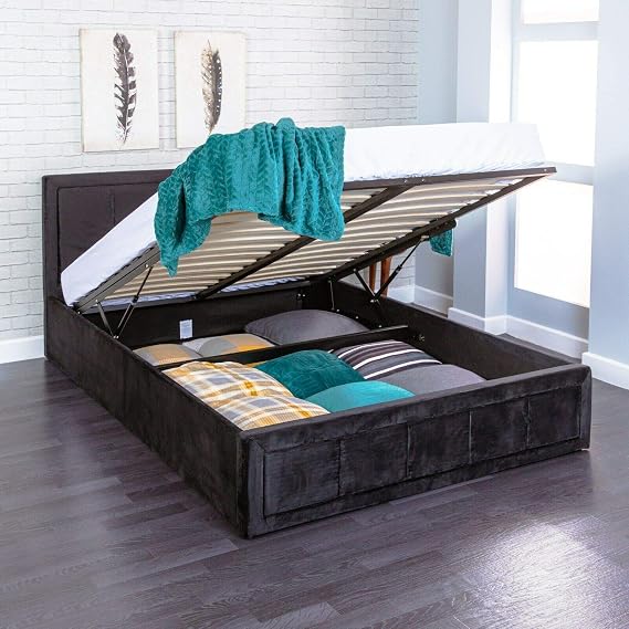 4FT Small Double Size Modern Gia Ottoman Gas Lift Storage Premium Fabric Bed - Plush Black