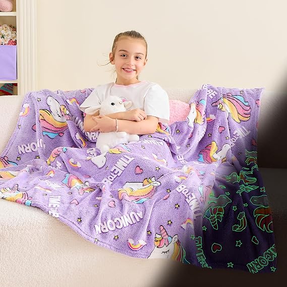 Wajade Unicorn Gifts for Girls - Glow in The Dark Unicorn Blanket Birthday Christmas Decor for Kids Age 3 4 5 6 7 8 9 10 11 12 Years Old Teens Child Toddler Throw Violet 50"x60"