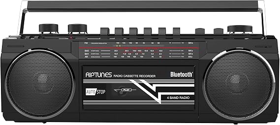 Riptunes Cassette Boombox, Retro Blueooth Boombox, Cassette Player and Recorder, AM/FM/SW-1-SW2 Radio-4-Band Radio, USB, SD, and Aux in, Black