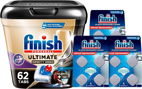 Bundle of Finish Ultimate Plus Infinity Shine - 62 Count - Detergent + Finish In-Wash Dishwasher Cleaner Tabs - 3 Count (Pack of 4)