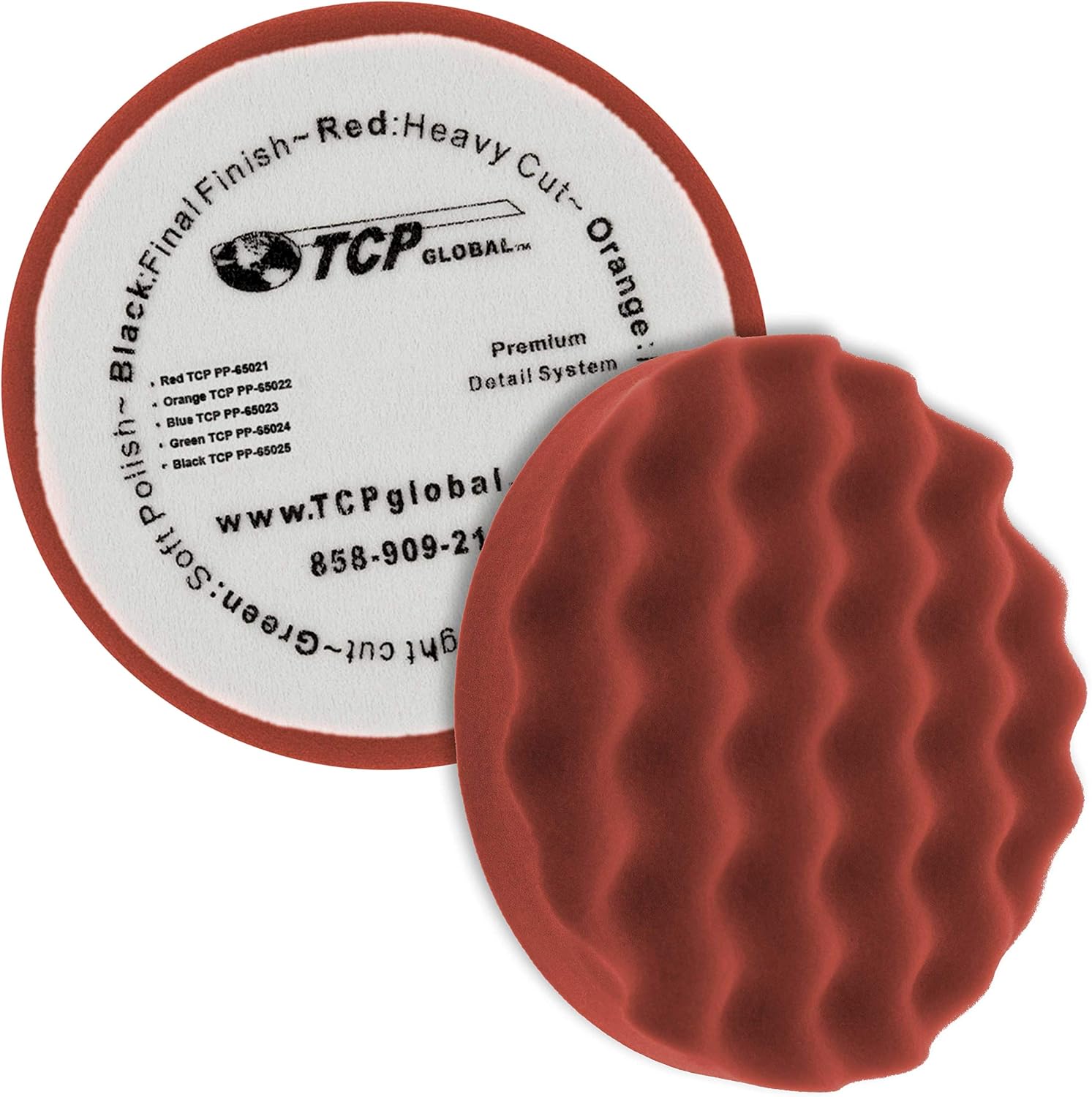 TCP Global 6.5 Red Waffle Foam Buffing Pad Hook and Loop Backing - Heavy Cut Pad for Polishing, Automotive, Marine, Truck, RV & Compound Cutting, Car Polishing Pads