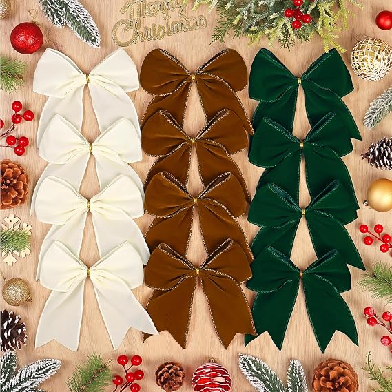 12 PCS Christmas Velvet Bows,6 Inch Xmas Beige Velvet Ribbon Bows Christmas Tree Topper Bow Vintage Christmas Ornaments for Christmas Tree Garland DIY Craft Wrapping Decor (Green,Brown,Beige)